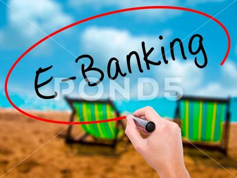 Man Hand writing E-Banking with black marker on visual screen Stock Photos