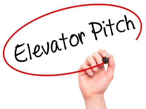 Man Hand writing Elevator Pitch with black marker on visual screen Stock Photos