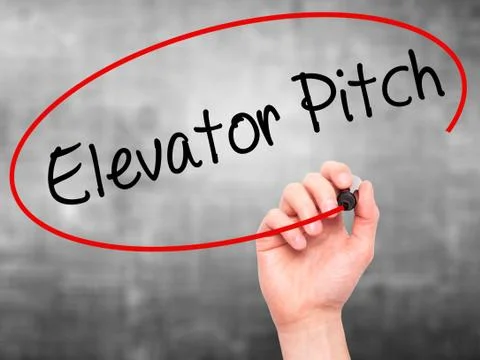Man Hand writing Elevator Pitch with black marker on visual screen Stock Photos