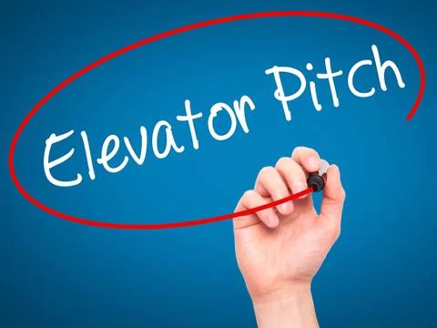Man Hand writing Elevator Pitch with black marker on visual screen Stock Photos