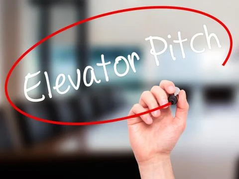 Man Hand writing Elevator Pitch with black marker on visual screen Stock Photos