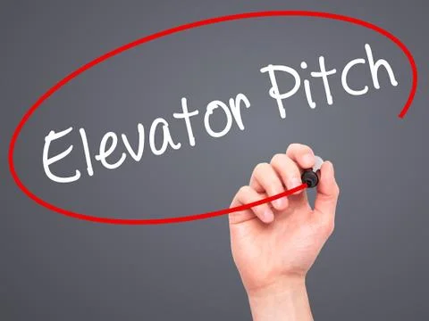 Man Hand writing Elevator Pitch with black marker on visual screen Stock Photos