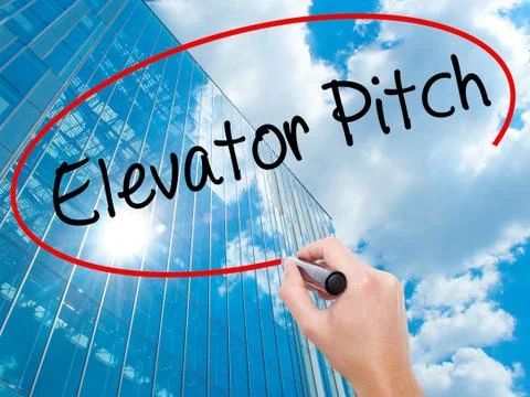 Man Hand writing Elevator Pitch with black marker on visual screen Stock Photos
