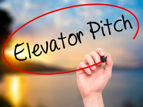 Man Hand writing Elevator Pitch with black marker on visual scre Stock Photos