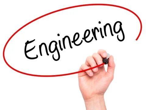 Man Hand writing Engineering  with black marker on visual screen Foto stock
