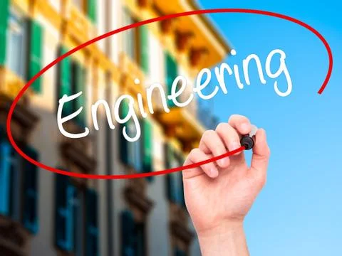 Man Hand writing Engineering  with black marker on visual screen Foto stock
