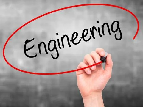 Man Hand writing Engineering  with black marker on visual screen Foto stock