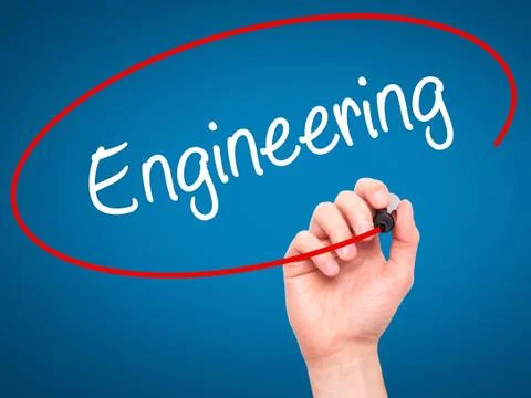 Man Hand writing Engineering  with black marker on visual screen Foto stock