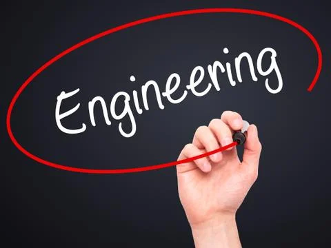 Man Hand writing Engineering  with black marker on visual screen Foto stock