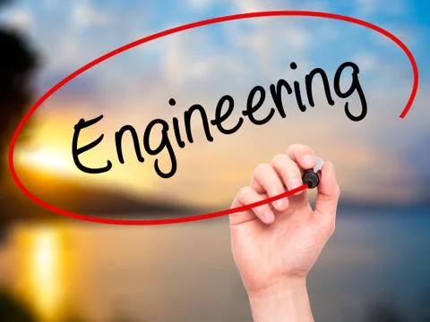 Man Hand writing Engineering  with black marker on visual screen Foto stock
