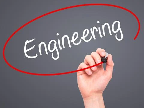 Man Hand writing Engineering  with black marker on visual screen Foto stock