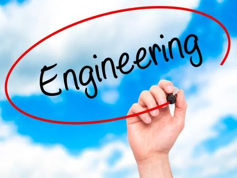Man Hand writing Engineering  with black marker on visual screen Foto stock