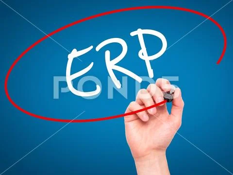 Man Hand writing ERP (Enterprise Resource Planning) with blac Stock Photos