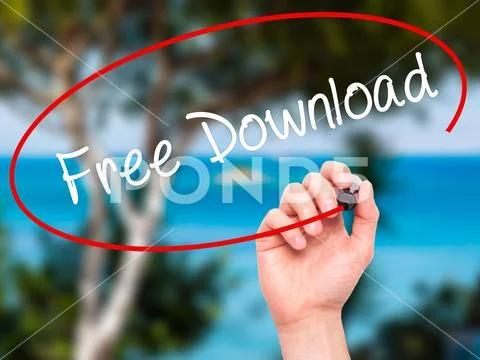 Man Hand writing Free Download with black marker on visual scree Stock Photos