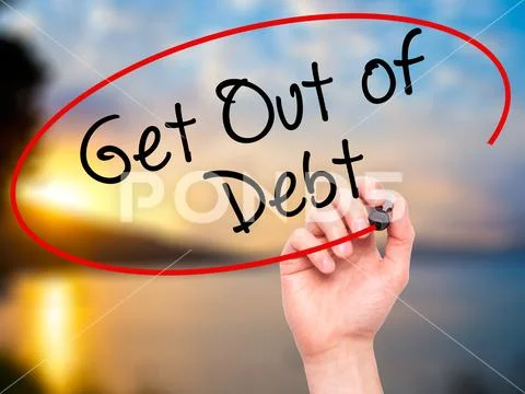 Man Hand writing Get Out of Debt with black marker on visual scr Stock Photos