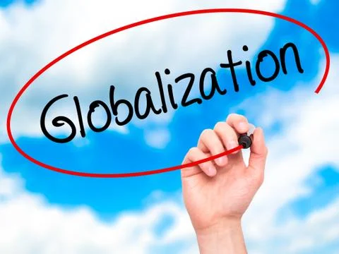 Man Hand writing Globalization with black marker on visual screen. Stock Photos