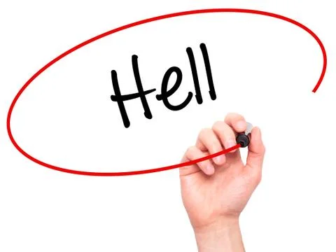 Man Hand writing Hell with black marker on visual screen. Foto stock