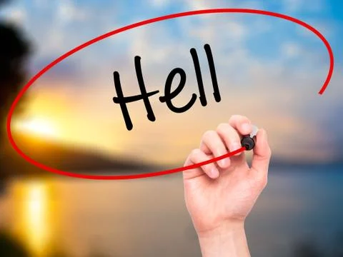 Man Hand writing Hell with black marker on visual screen. Foto stock