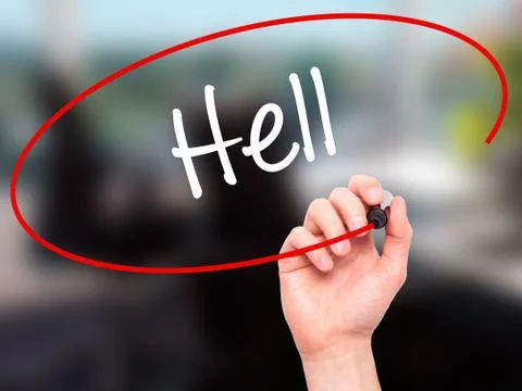 Man Hand writing Hell with black marker on visual screen. Foto stock