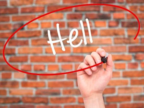 Man Hand writing Hell with black marker on visual screen. Foto stock
