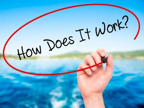 Man Hand writing How Does It Work? with black marker on visual screen Stock Photos