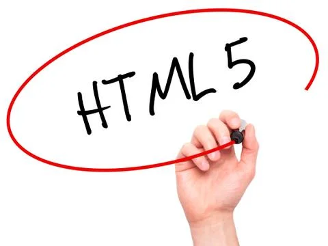Man Hand writing HTML 5 with black marker on visual screen Stock Photos