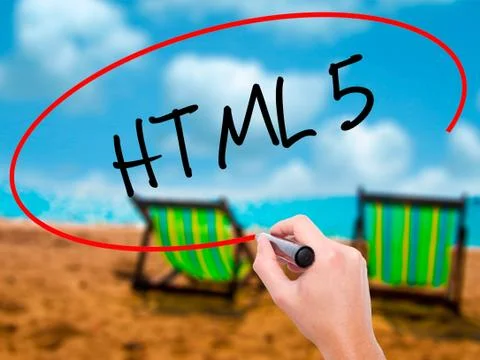Man Hand writing HTML 5 with black marker on visual screen Stock Photos
