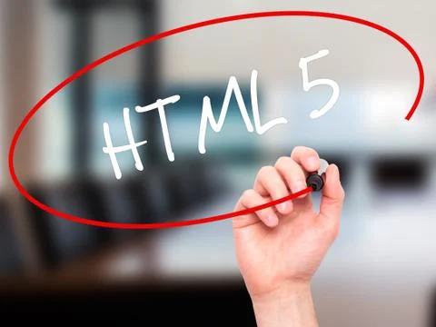 Man Hand writing HTML 5 with black marker on visual screen Stockfoto's
