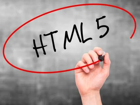 Man Hand writing HTML 5 with black marker on visual screen Stock Photos