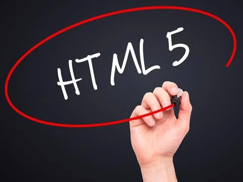 Man Hand writing HTML 5 with black marker on visual screen Stock Photos