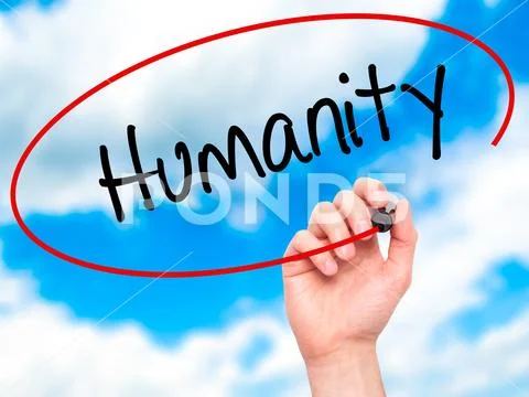 Man Hand writing Humanity with black marker on visual screen Stock Photos