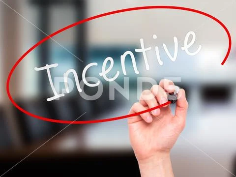 Man Hand writing Incentive with marker on transparent wipe board Stock Photos