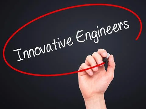 Man Hand writing Innovative Engineers with black marker on visual screen Stock Photos