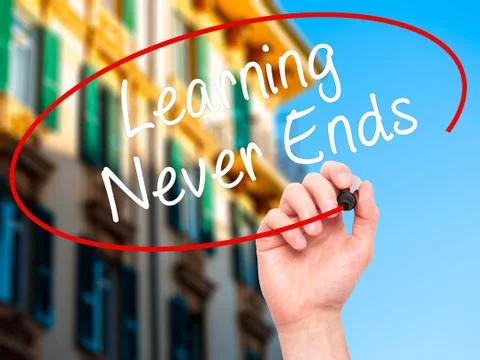 Man Hand writing Learning Never Ends with black marker on visual screen Stock Photos