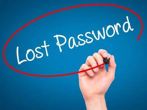 Man Hand writing Lost Password  with black marker on visual screen Foto stock