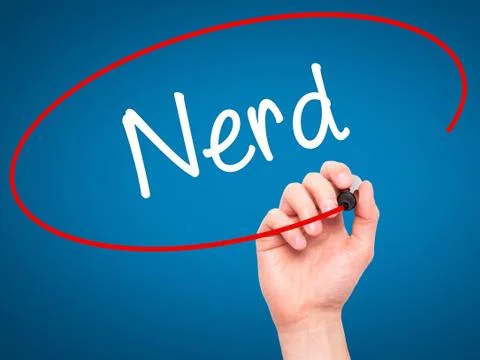 Man Hand writing Nerd with black marker on visual screen Stock Photos