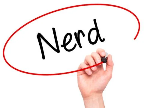 Man Hand writing Nerd with black marker on visual screen Stock Photos