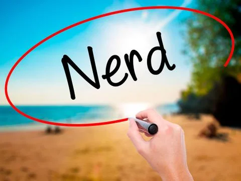 Man Hand writing Nerd with black marker on visual screen Stock Photos