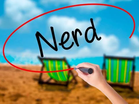 Man Hand writing Nerd with black marker on visual screen Stock Photos