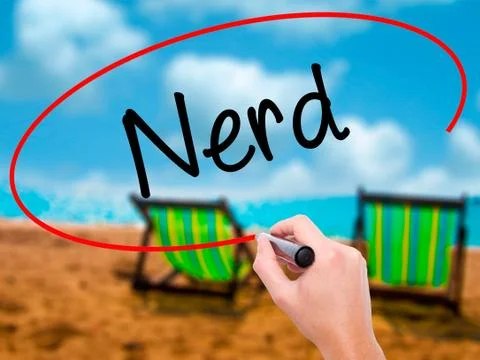 Man Hand writing Nerd with black marker on visual screen Stock Photos