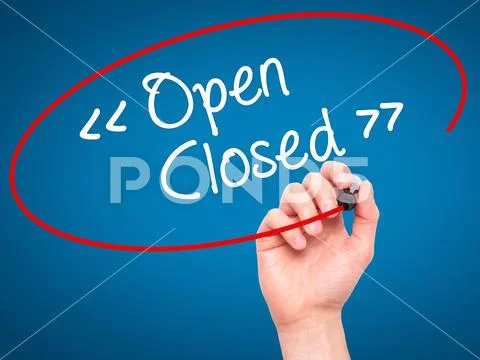 Man Hand writing Open - Closed with black marker on visual scree Stock Photos