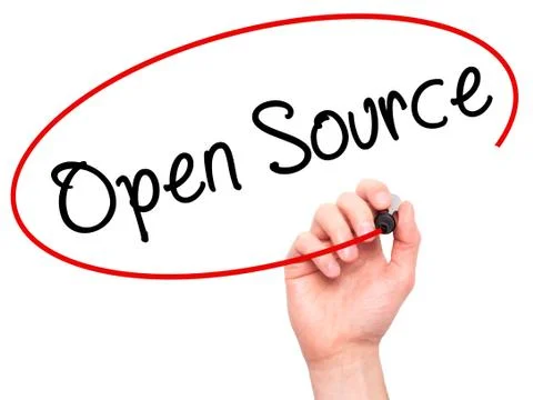 Man Hand writing Open Source with black marker on visual screen Stock Photos