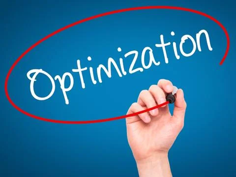 Man Hand writing Optimization  with black marker on visual screen Stock Photos