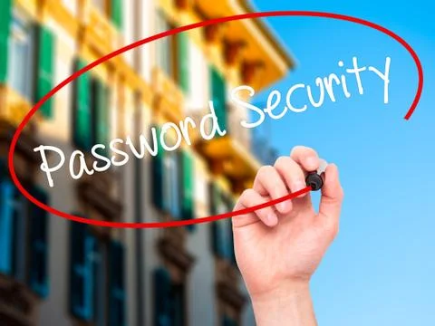 Man Hand writing Password Security with black marker on visual screen Foto stock