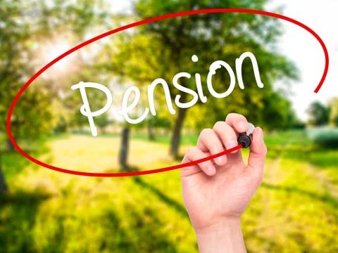 Man Hand writing Pension with black marker on visual screen Stock Photos