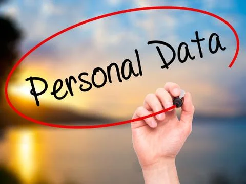 Man Hand writing Personal Data  with black marker on visual screen Stockfoto's
