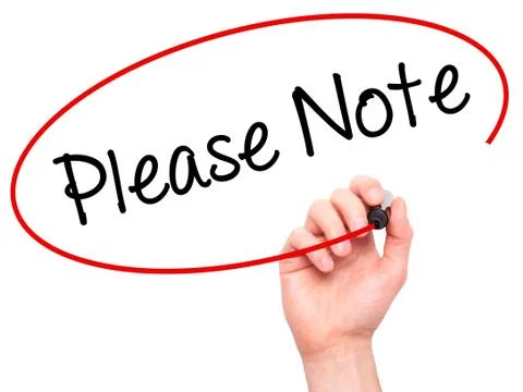 Man Hand writing Please Note with black marker on visual screen 스톡 사진