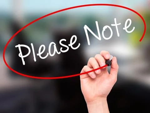 Man Hand writing Please Note with black marker on visual screen 스톡 사진