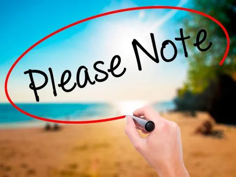 Man Hand writing Please Note with black marker on visual screen 스톡 사진