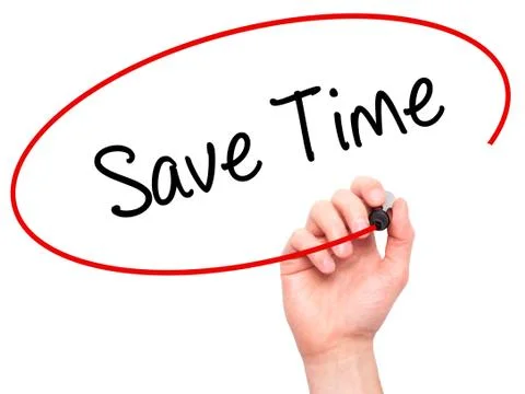 Man Hand writing Save Time with black marker on visual screen Stock Photos
